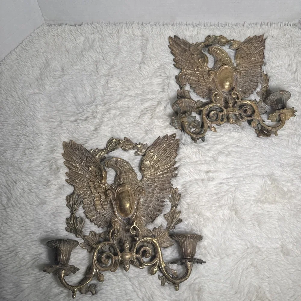 Vintage Brass Eagle Wall Scroll Sconce Candlestick Hollywood Regency Pair 2 MCM